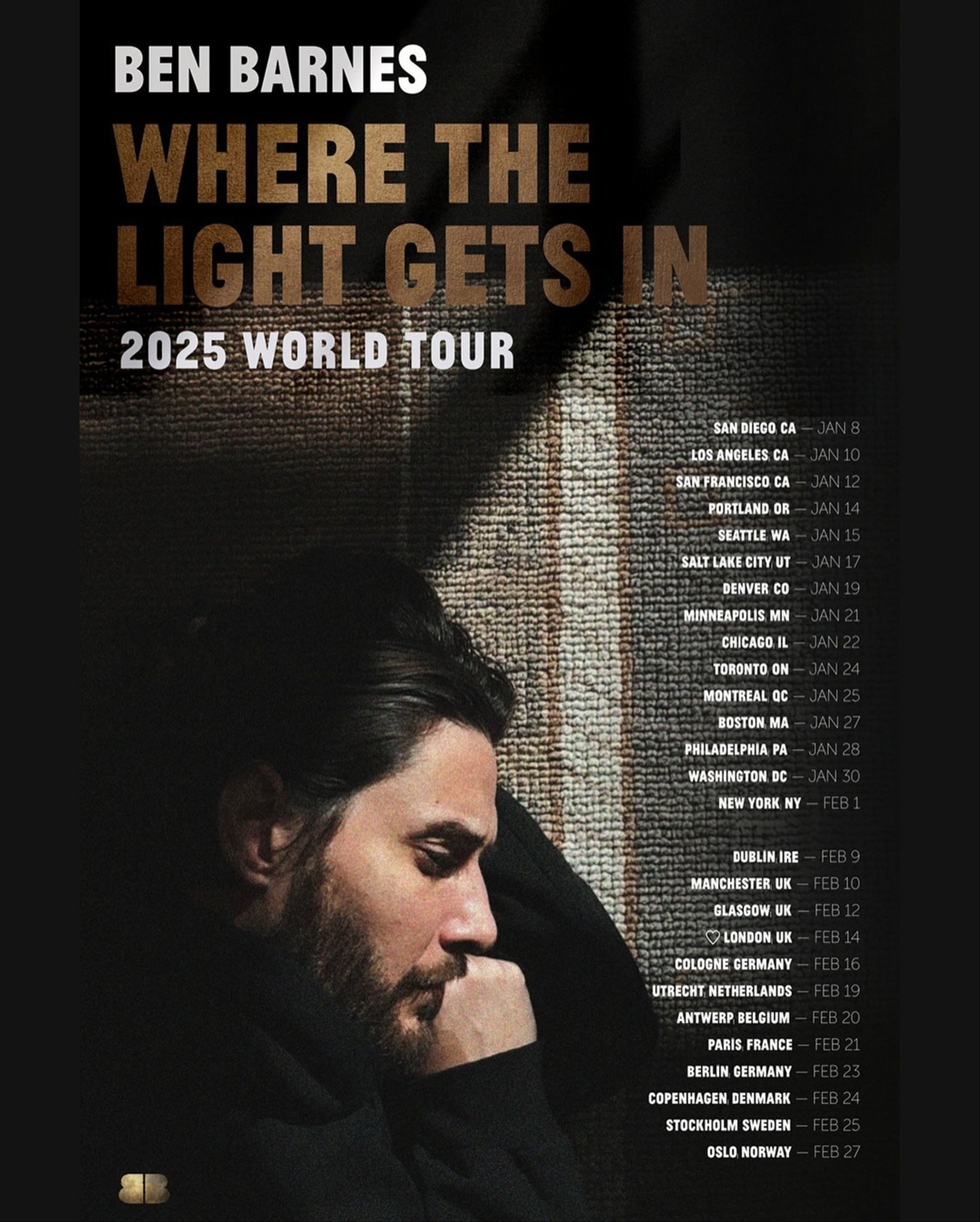 Ben Barnes Where The Light Gets In Tour Poster 2025