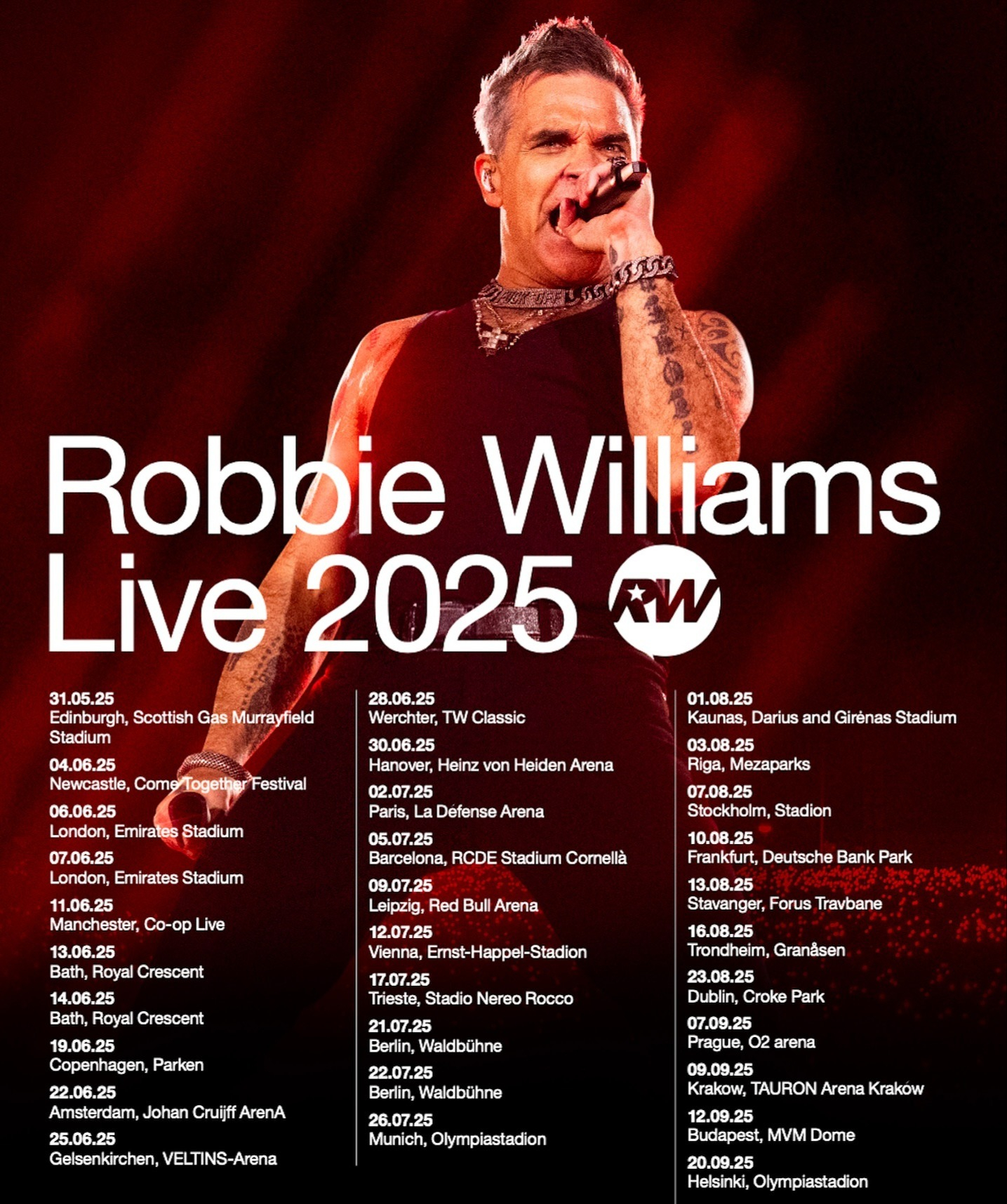 Robbie Williams Live 2025 Tour Poster